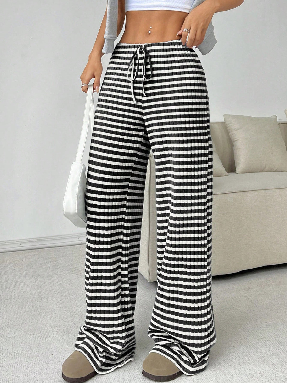 Women's Striped Drawstring Baggy Wide Leg Pants