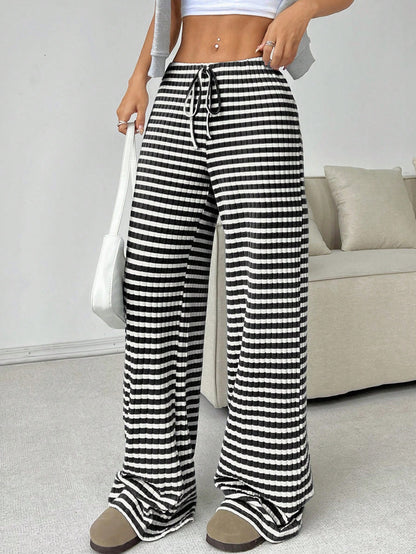 Women's Striped Drawstring Baggy Wide Leg Pants