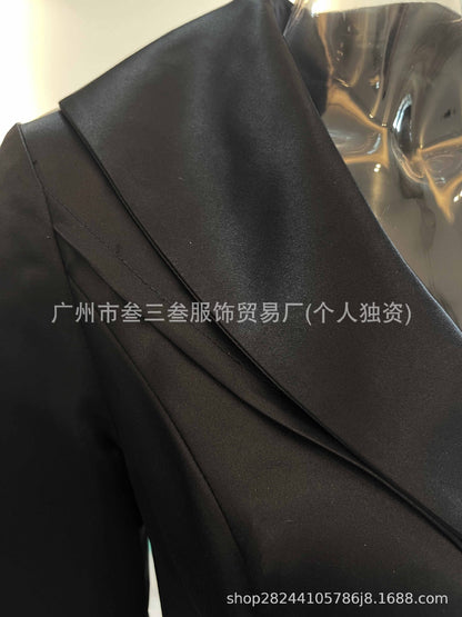 Elegant Satin Long Sleeve Belted A-Line Midi Dress Pockets