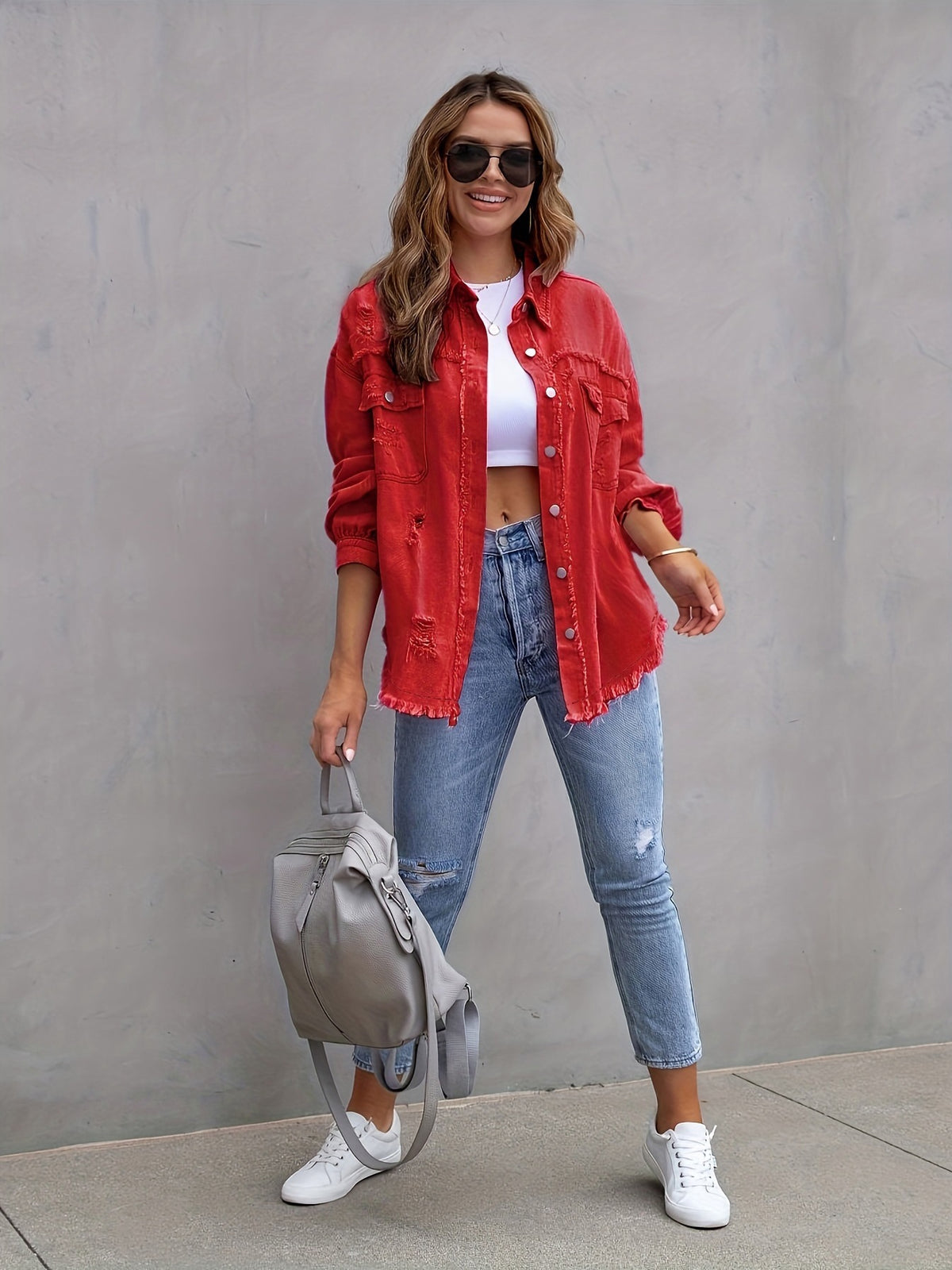 Women's Oversized Denim Jacket Distressed Frayed Hem
