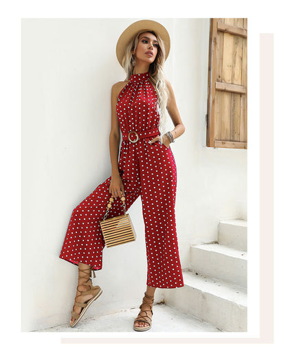 Polka Dot Halter Wide Leg Jumpsuit Vintage Resort Wear