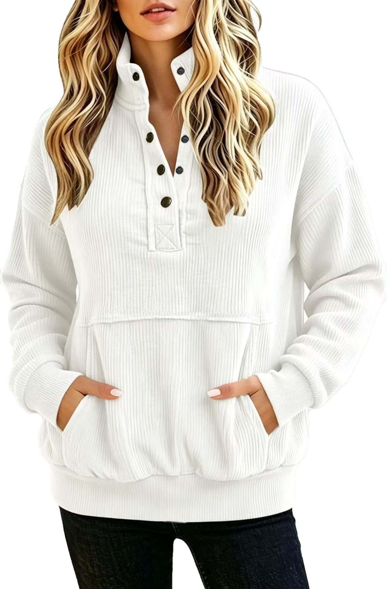 Corduroy Henley Sweatshirt Women Long Sleeve Button Pocket