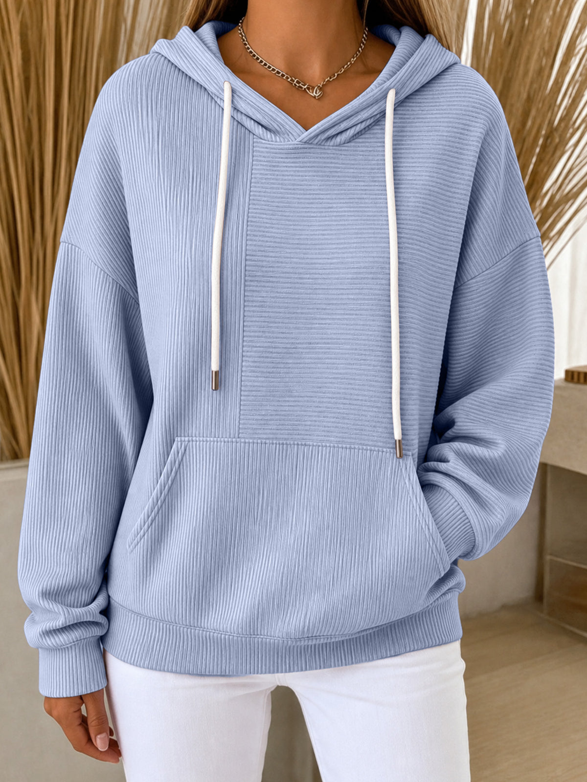 Women's Oversized Ribbed Hoodie Long Sleeve Pullover Top