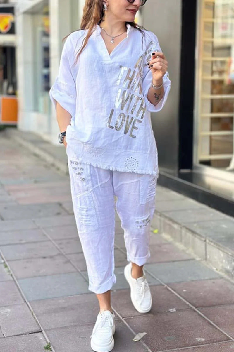 Women's Oversized Linen Graphic Half Sleeve Pants Set