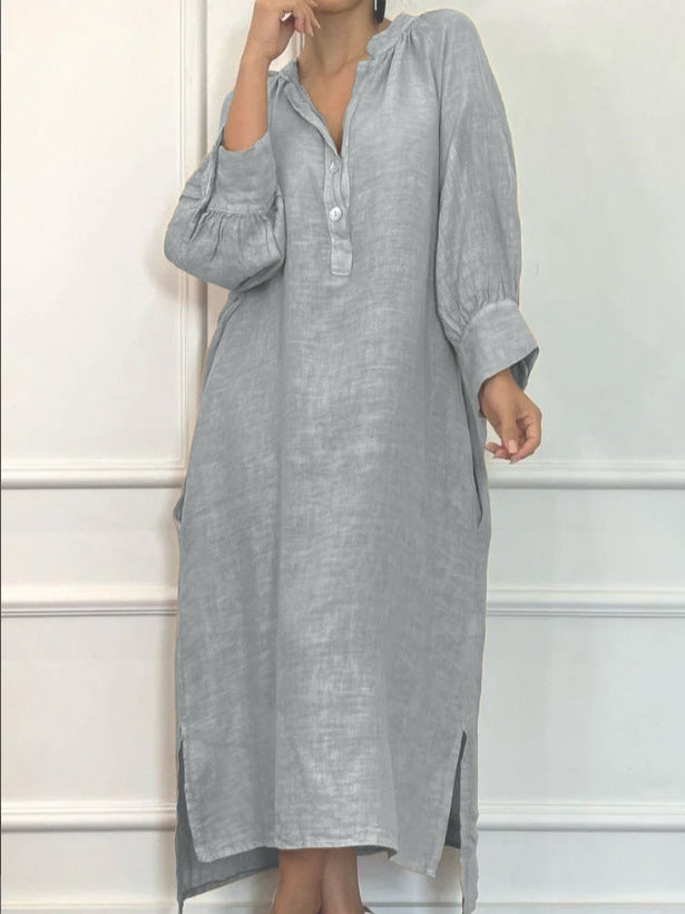 Linen Blend Long Sleeve Button Down Maxi Dress Pockets