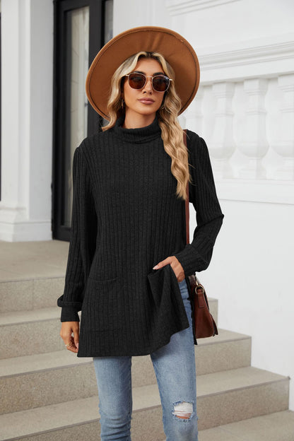 Women's Ribbed Mock Neck Long Sleeve Tunic with Pockets