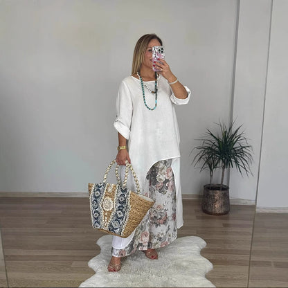 Women's Linen Asymmetric Top Floral Wide Leg Pants Set