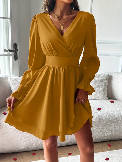 Women's V Neck Long Sleeve Layered Ruffle Mini Dress
