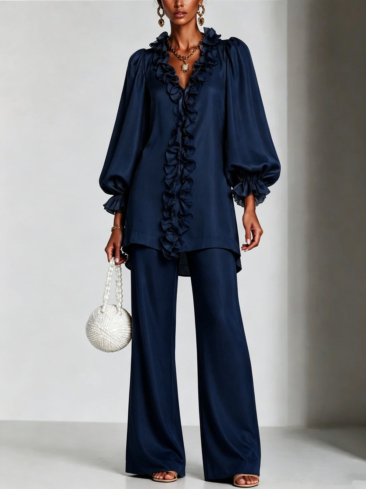 Women's Ruffle V-Neck Puff Sleeve Wide Leg Pants Set