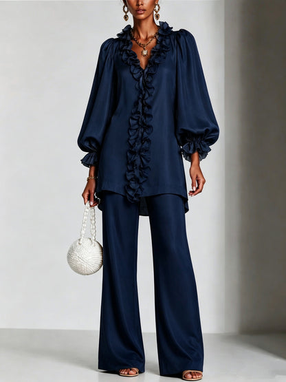 Women's Ruffle V-Neck Puff Sleeve Wide Leg Pants Set