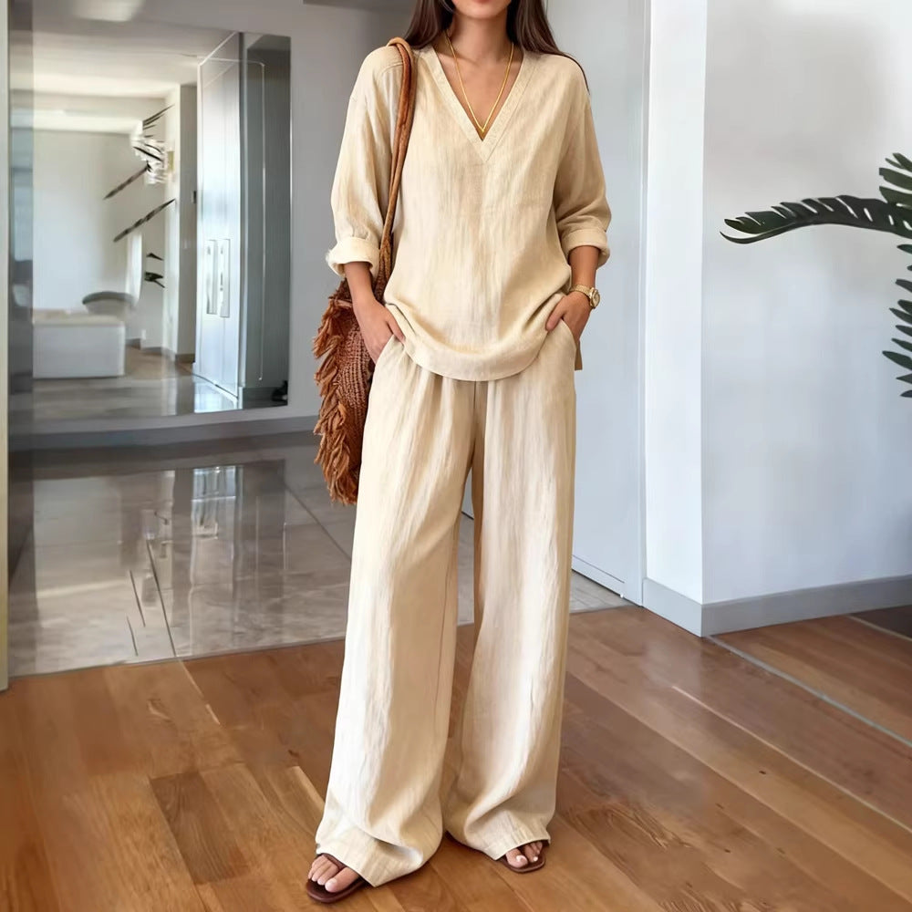 Women's Washed Cotton V-Neck Two Piece Set Wide Leg Pants