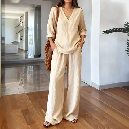 Women's Washed Cotton V-Neck Two Piece Set Wide Leg Pants