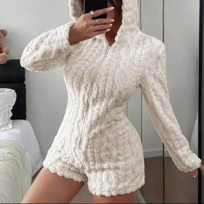 Women's Fuzzy Hooded Teddy Bear Romper Plush Cute