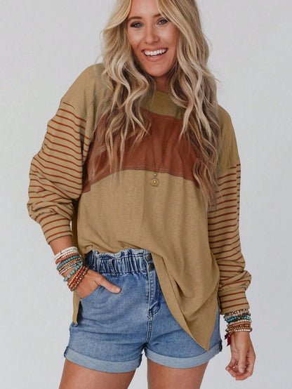 Striped Colorblock Long Sleeve Casual Top for Women