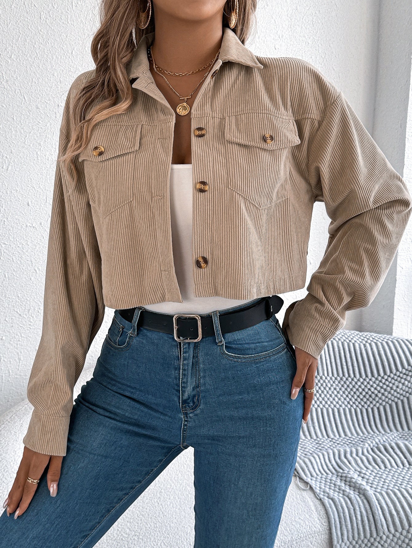 Corduroy Cropped Button Down Shacket for Women