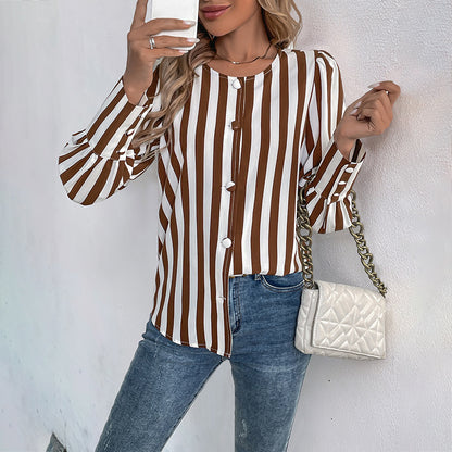Women's V-Neck Cardigan Striped Contrast Long Sleeve Shirt