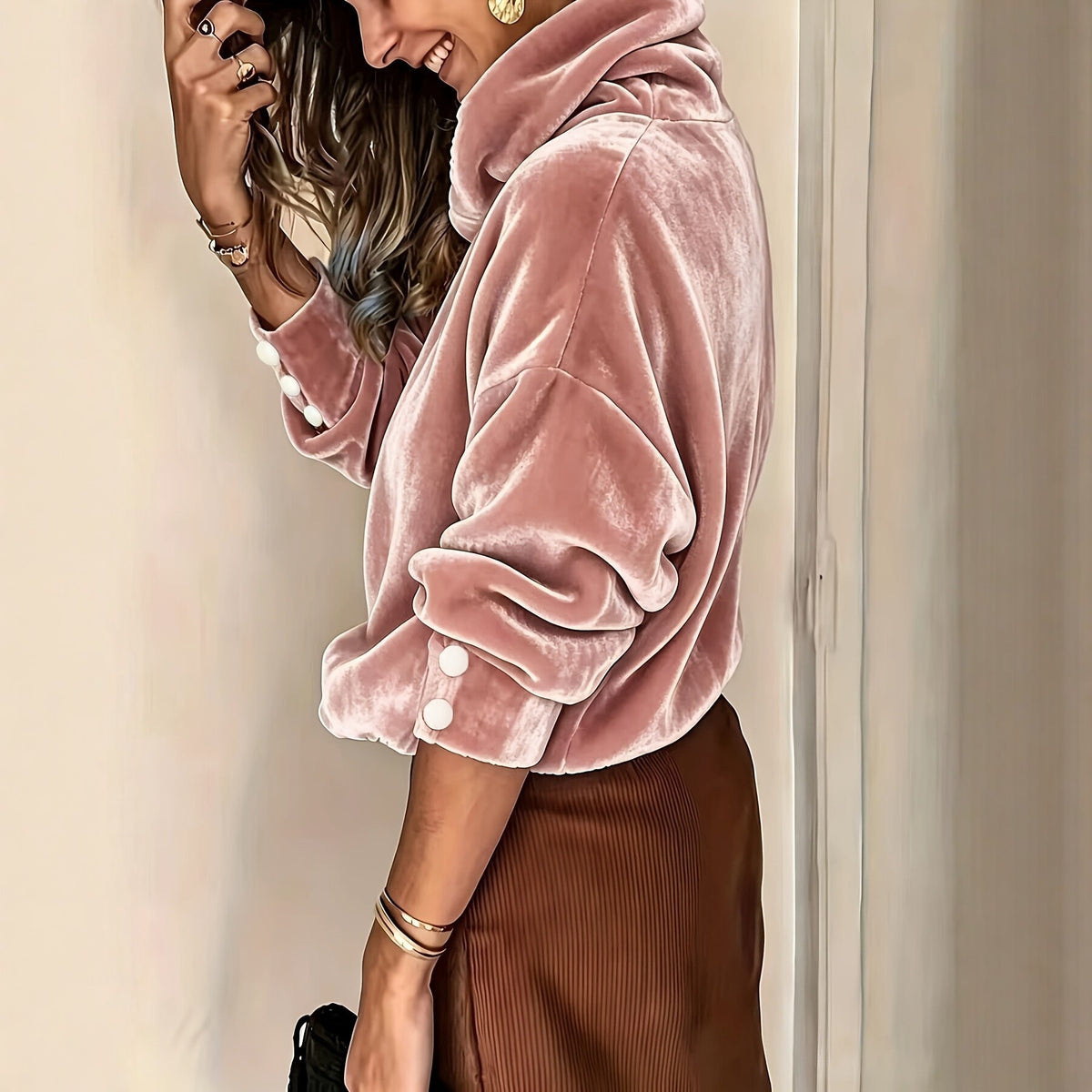 Cowl Neck Fleece Pullover Button Cuff Batwing Sleeve