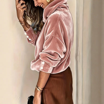 Cowl Neck Fleece Pullover Button Cuff Batwing Sleeve