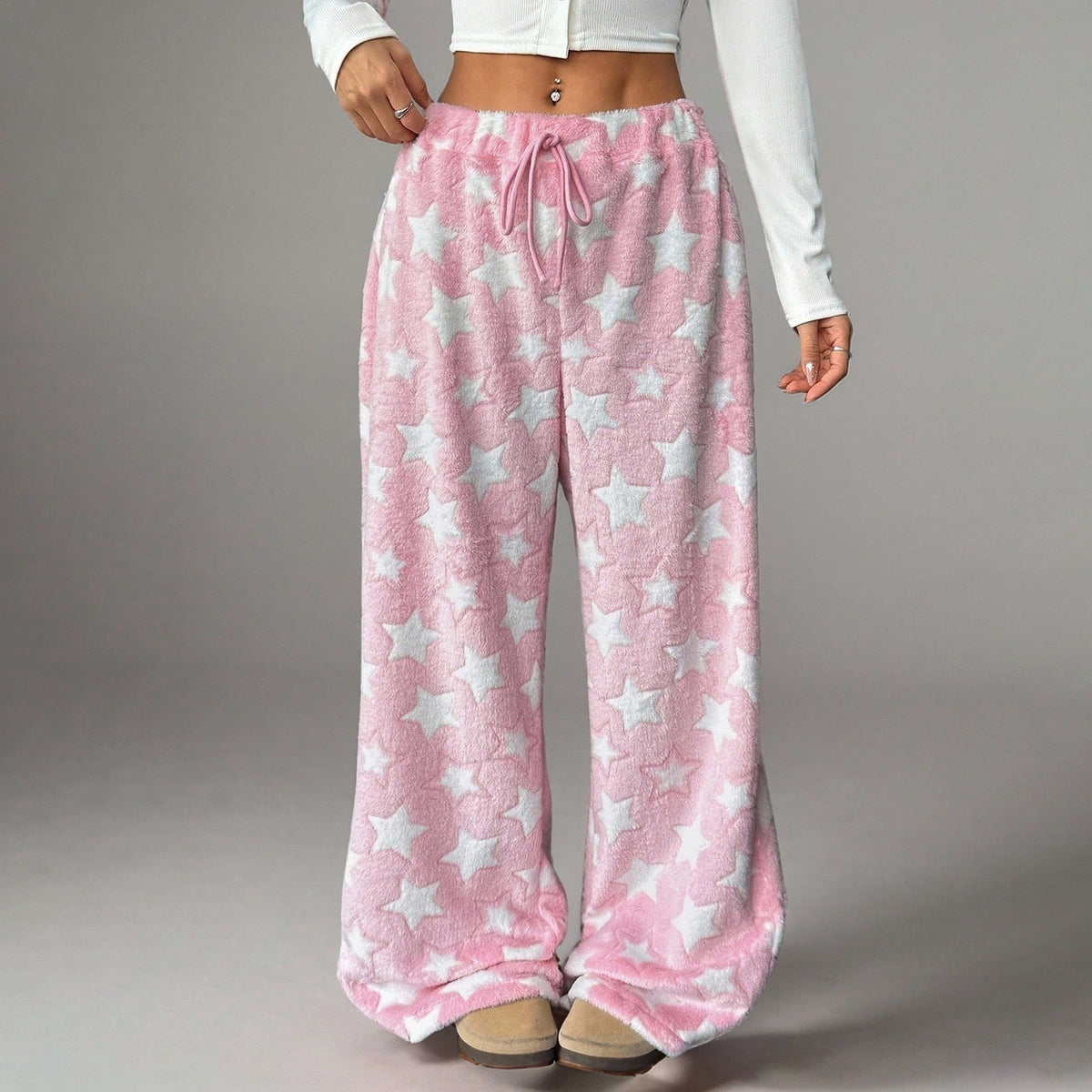 Fuzzy Star Print Wide Leg High Waist Lounge Pants