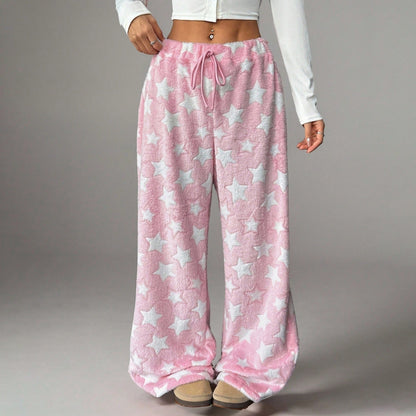 Fuzzy Star Print Wide Leg High Waist Lounge Pants