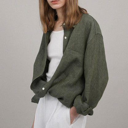 High-End Linen Shirt Women Spring Oversized Turn-Down Collar
