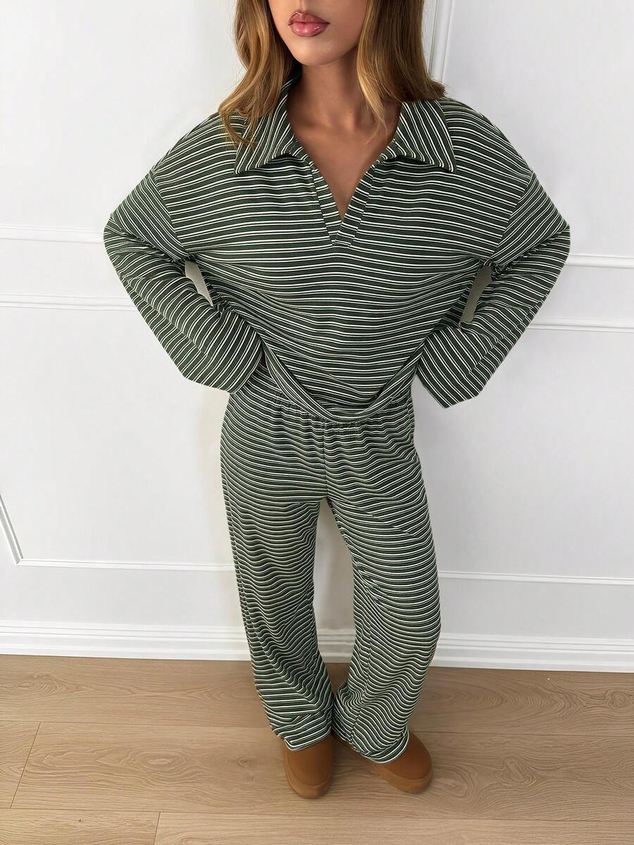 Striped Lounge Set Women Collared Pullover Wide Leg Pants