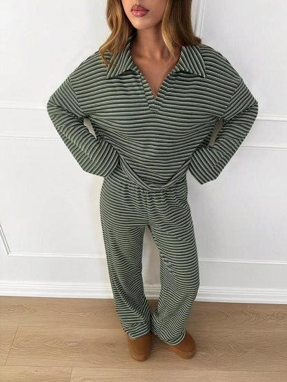 Striped Lounge Set Women Collared Pullover Wide Leg Pants