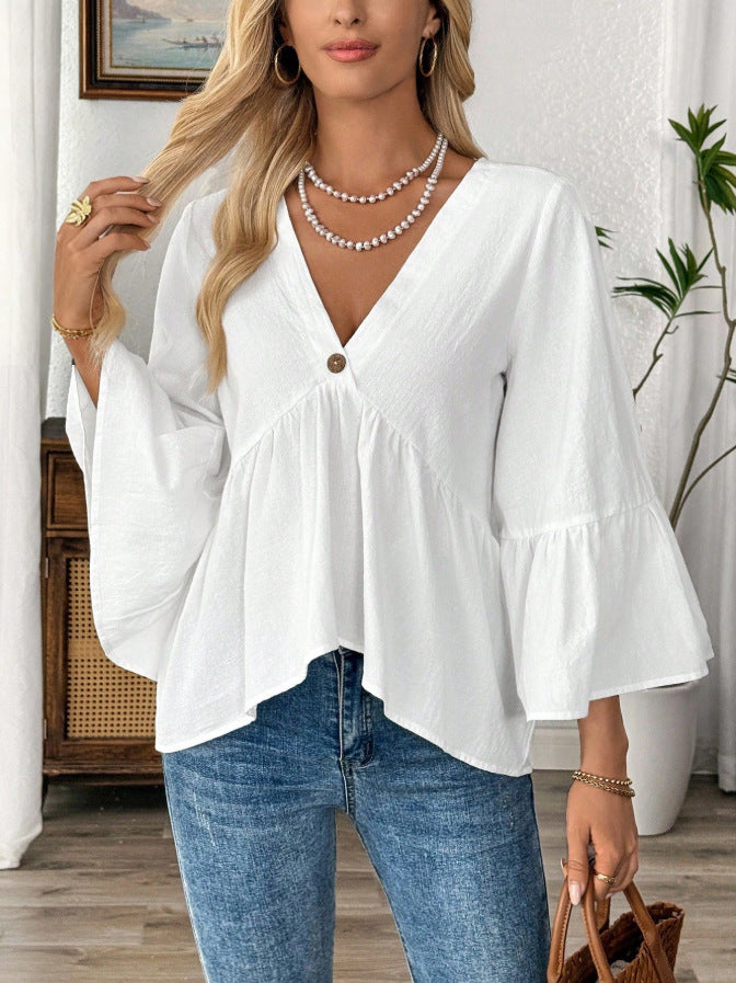 Cotton V-Neck Ruffle Sleeve Top Flowy Loose Blouse