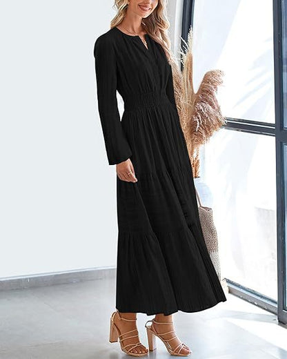 Women's V-Neck Long Sleeve Tiered Maxi Smocked Cotton Dress