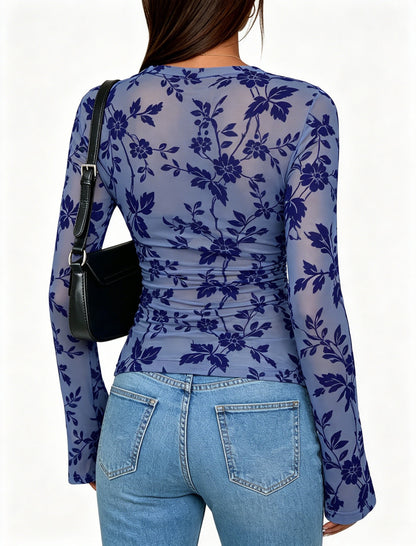 Flocked Floral Long Sleeve Slim Fit Crewneck Top for Women