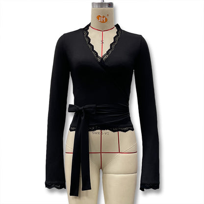 Y2K Lace Trim Wrap Crop Top Long Sleeve Flare Blouse