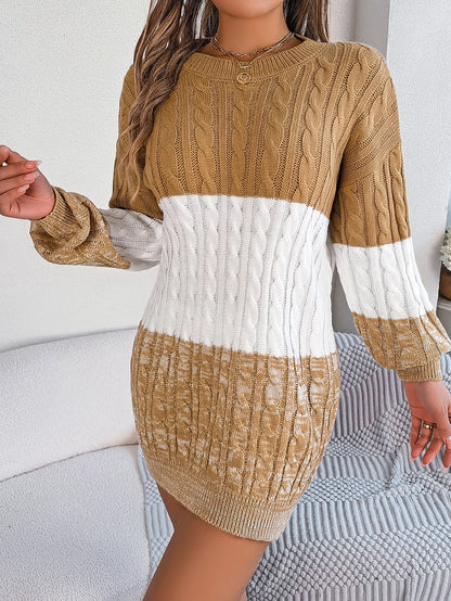 2025 Fall Winter Colorblock Cable Knit Lantern Sleeve Sweater Dress