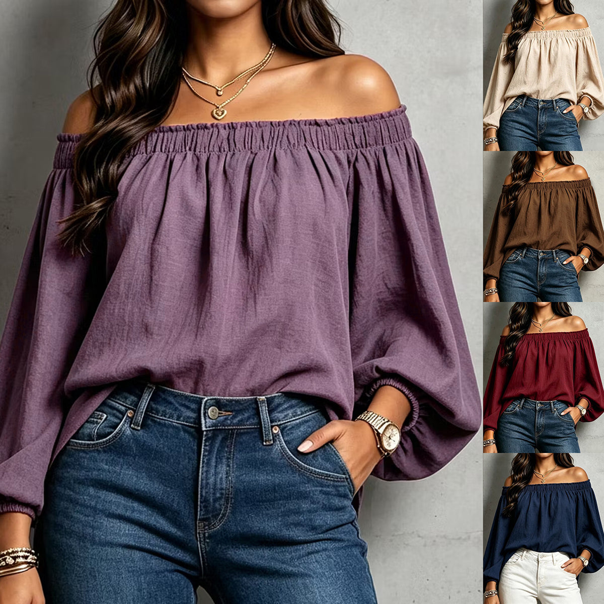 Women's Off Shoulder Smocked Blouse Puff Sleeve Loose Top