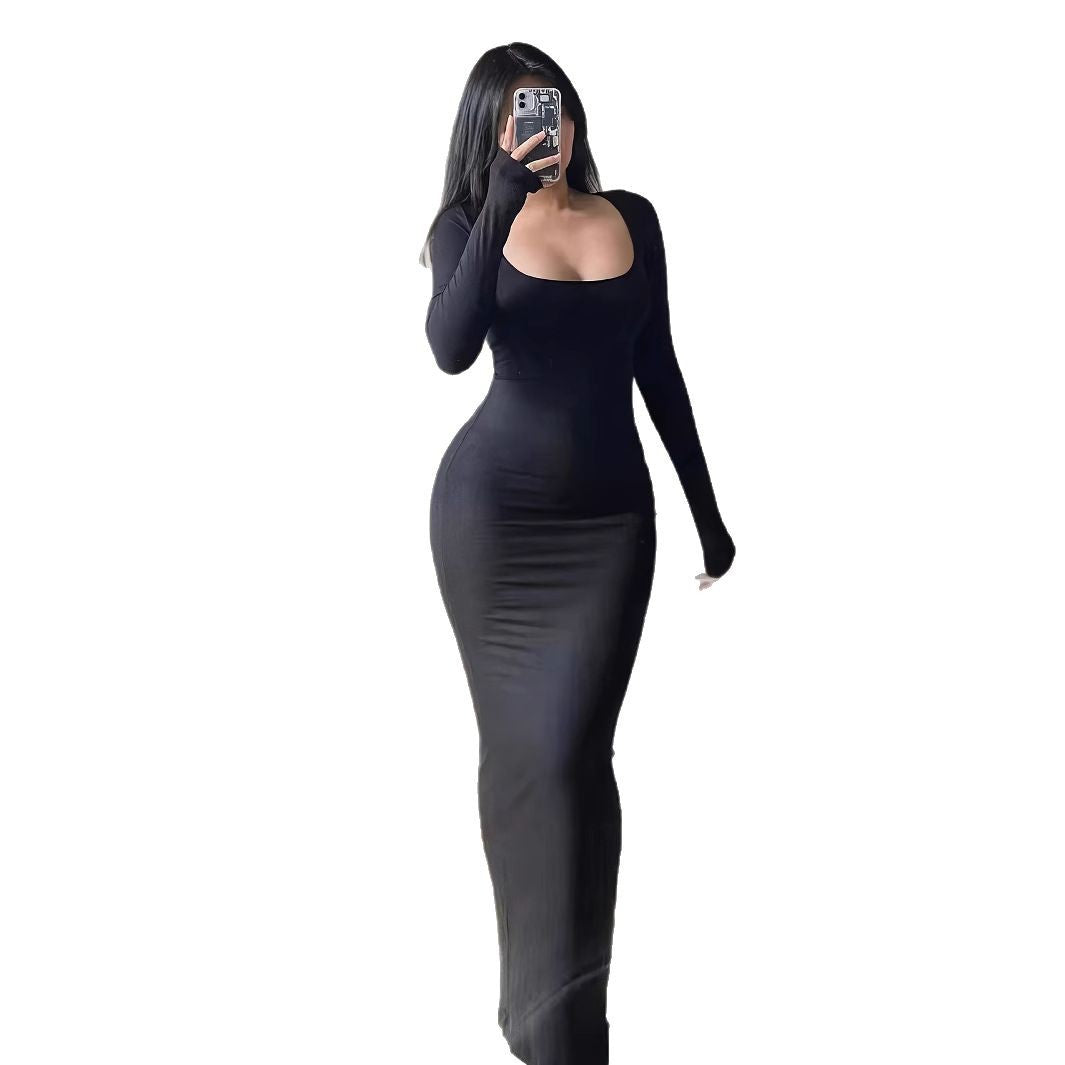Sexy Square Neck Long Sleeve Knit Bodycon Maxi Dress