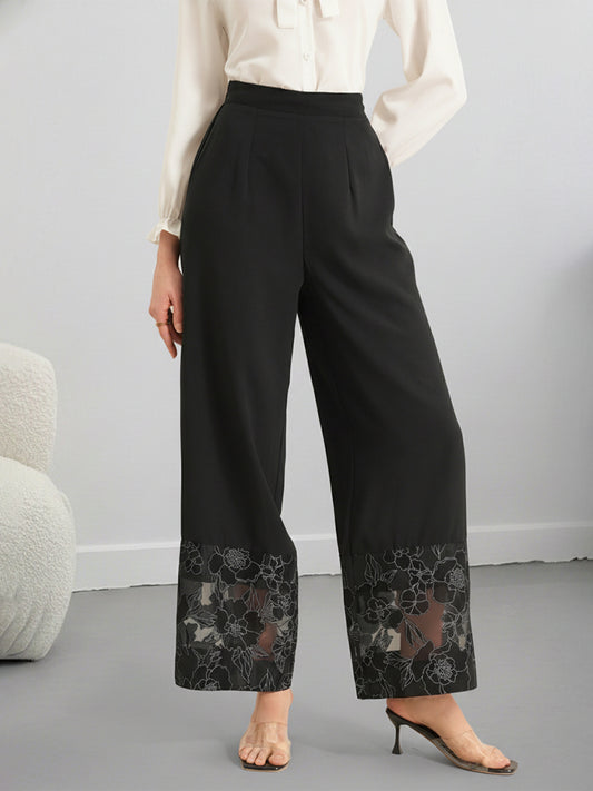 Women's Lace Hem Wide Leg Pants Black Casual Trousers