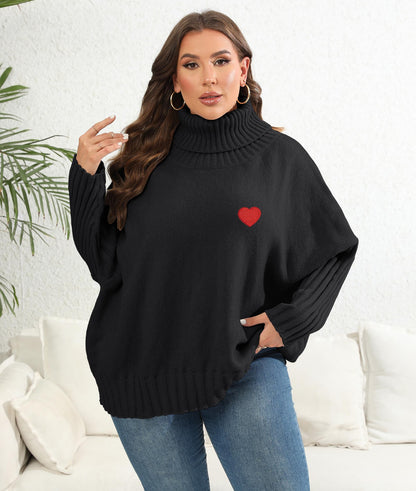 Women's Love Sticker Sweater Solid Color Turtleneck Loose Pullover