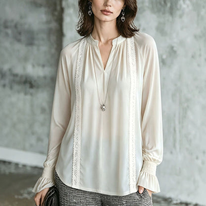Women's Satin Lace Trim V-Neck Long Sleeve Blouse
