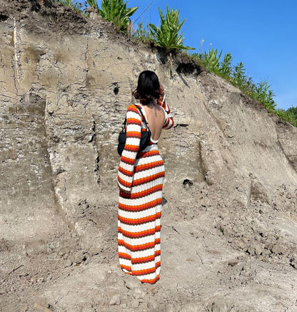 Striped Crochet Maxi Dress Long Sleeve Boho Beach Vacation