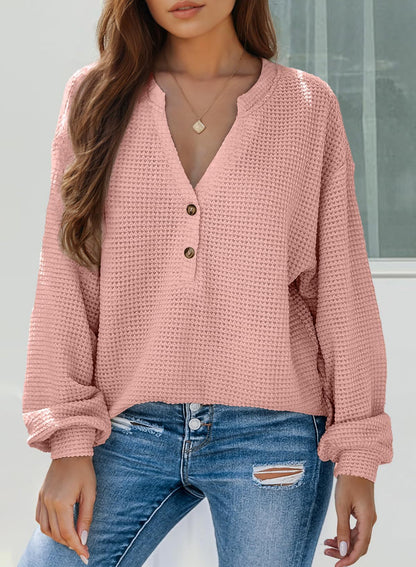 Women's Waffle Knit Long Sleeve Henley Top