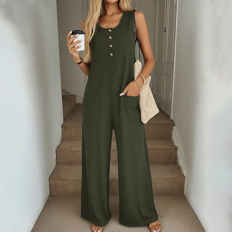Sleeveless Button Front Wide Leg Jumpsuit with Pockets