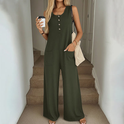Sleeveless Button Front Wide Leg Jumpsuit with Pockets