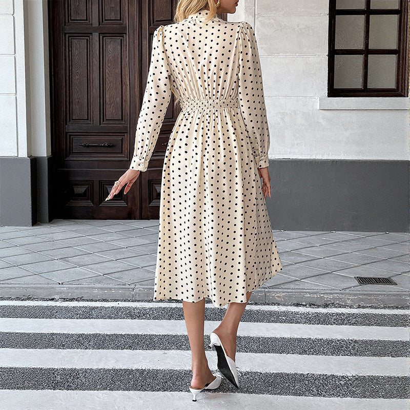 Polka Dot Bow Tie Long Sleeve A-Line Midi Dress