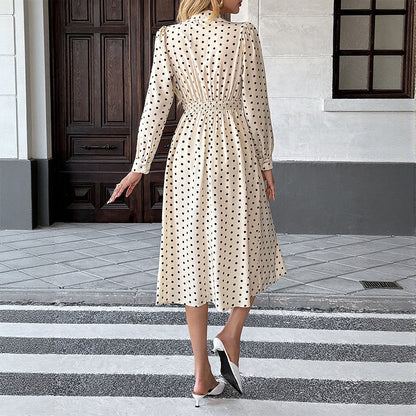 Polka Dot Bow Tie Long Sleeve A-Line Midi Dress