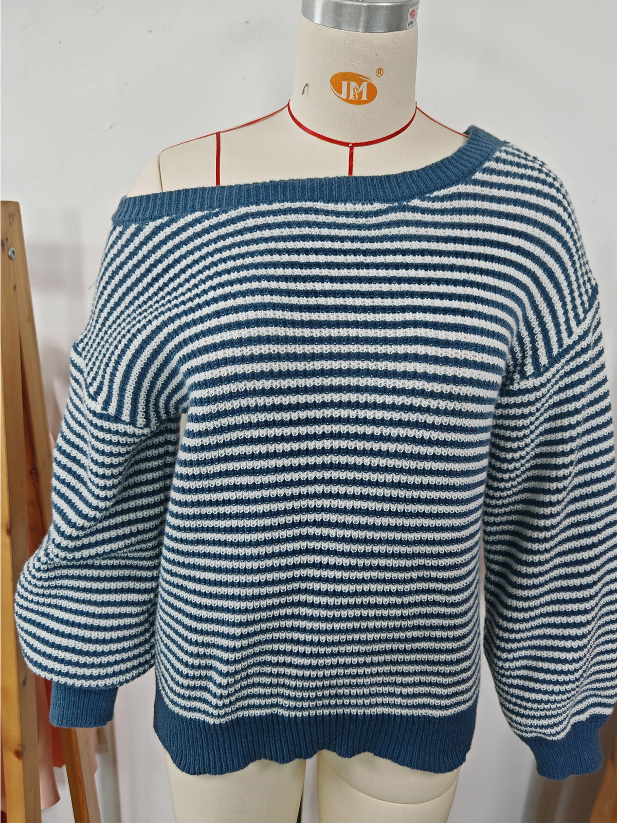 Women's Off Shoulder Striped Balloon Sleeve Sweater