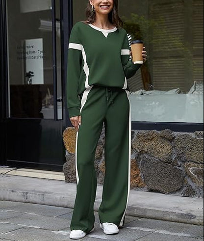 Color Block Sweatshirt Wide Leg Pants Two Piece Set