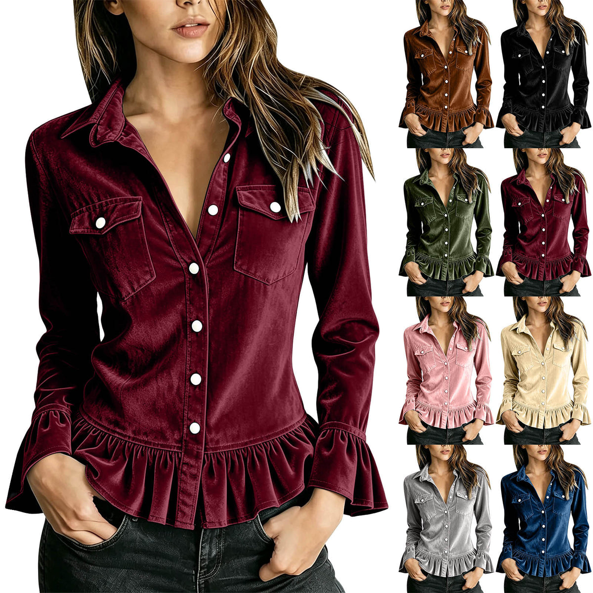 Women's Velvet Button Down Ruffle Hem Bell Sleeve Top