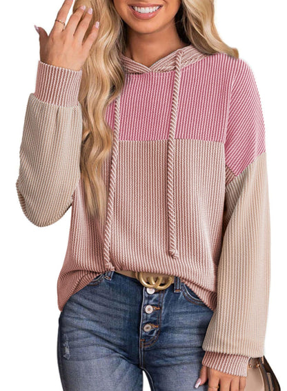 Color Block Ribbed Knit Hoodie Long Sleeve Sweatshirt