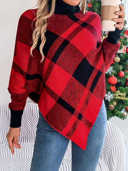 Women's Casual Plaid Turtleneck Long-sleeved Cape Sweater Christmas