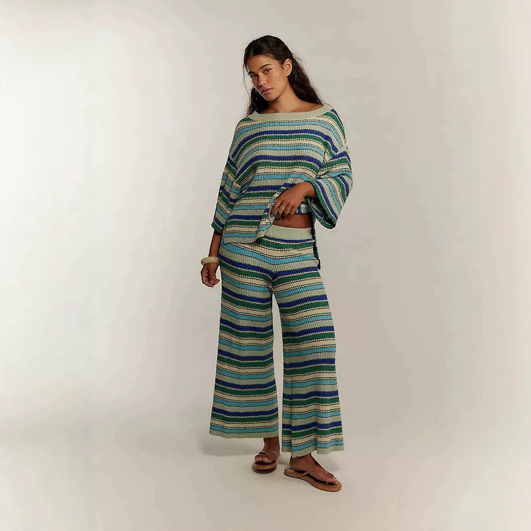 Boho Striped Knit Two Piece Set Wide Leg Pants