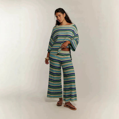 Boho Striped Knit Two Piece Set Wide Leg Pants